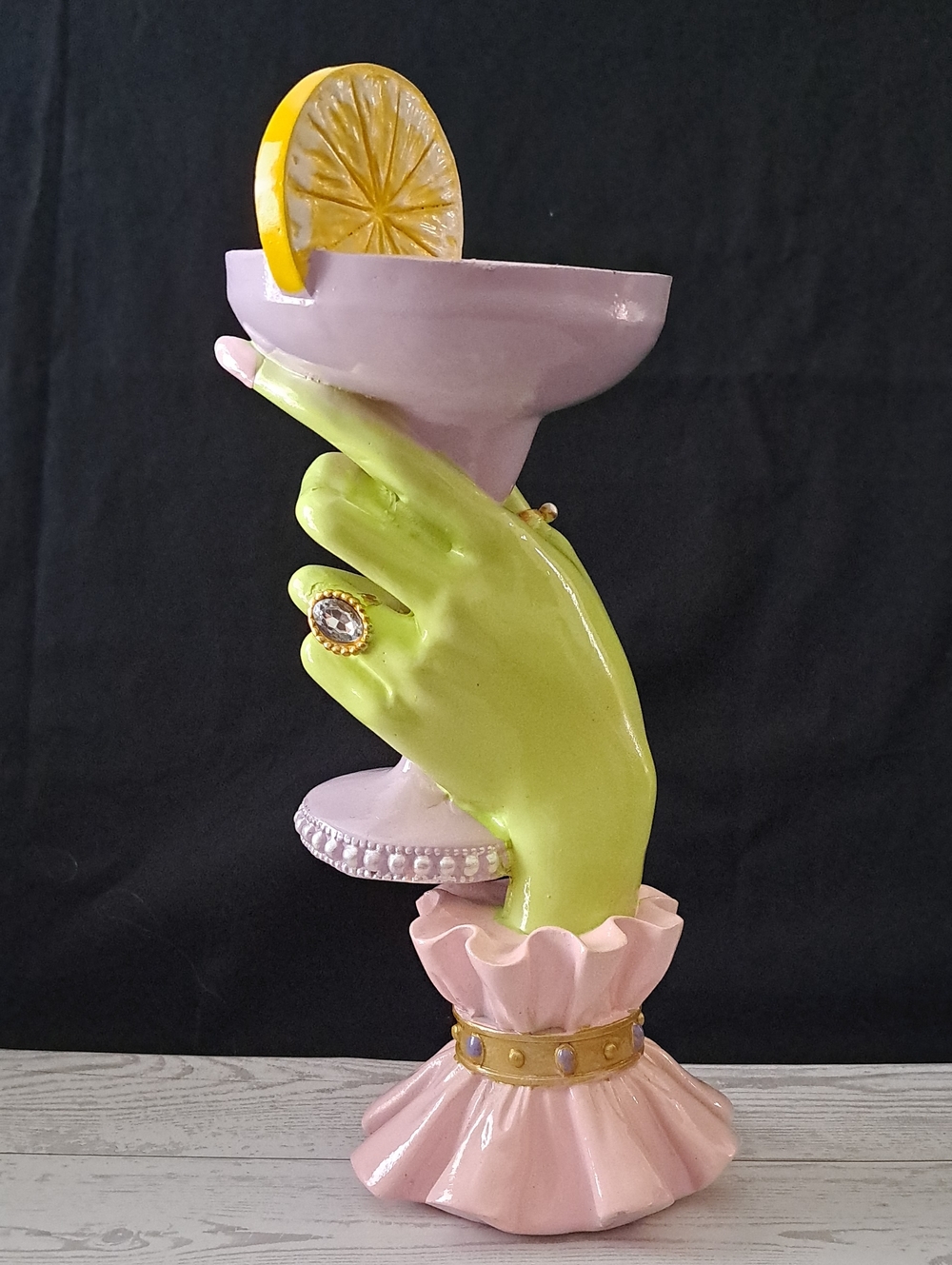 Witch's Hand With Cocktail Glass Sculpture in Pastel Pink & Lime Halloween Decor